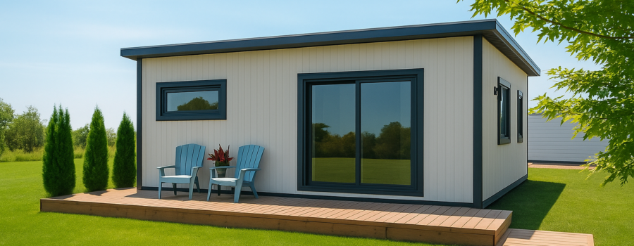 Modern backyard ADU built on site with white exterior siding, large windows, and a wooden deck with two blue chairs, representing the style used in our “questions to ask an ADU builder” guide.