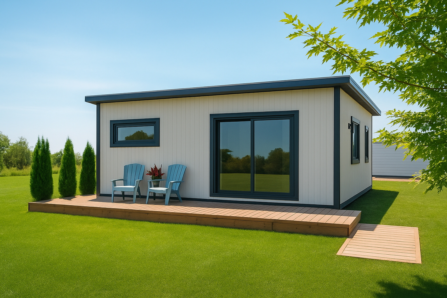 Modern backyard ADU built on site with white exterior siding, large windows, and a wooden deck with two blue chairs, representing the style used in our “questions to ask an ADU builder” guide.