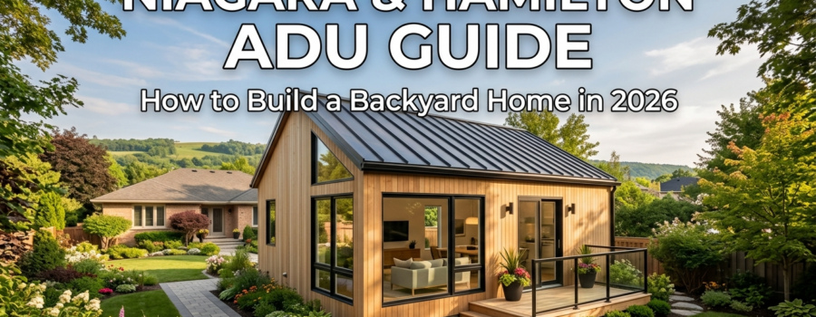Niagara Hamilton ADU guide showing backyard accessory dwelling unit behind Ontario home