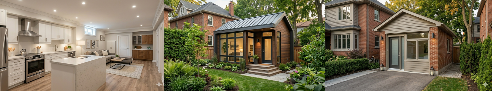 Examples of accessory dwelling units in Ontario including basement apartment, detached backyard unit, and garage conversion